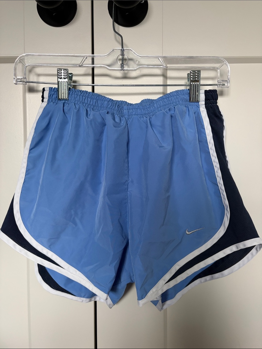 Nike Women's Light Blue Athletic Shorts with Navy and White Trim
